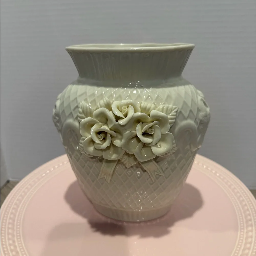 Vintage Ivory Ceramic Vase Embossed Floral Rose Basketweave Pattern